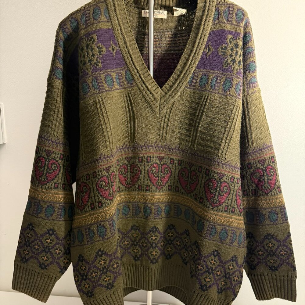 Vintage V Neck Sweater Enrico Romano disegni Size L